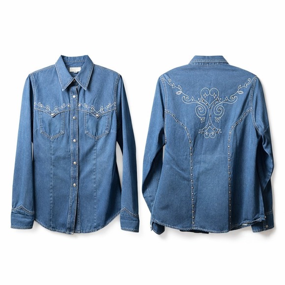 Lawman Western Tops - Vtg LAWMAN WESTERN Embroidered Rhinestone Button Denim Top Sz S Cowgirl Festival